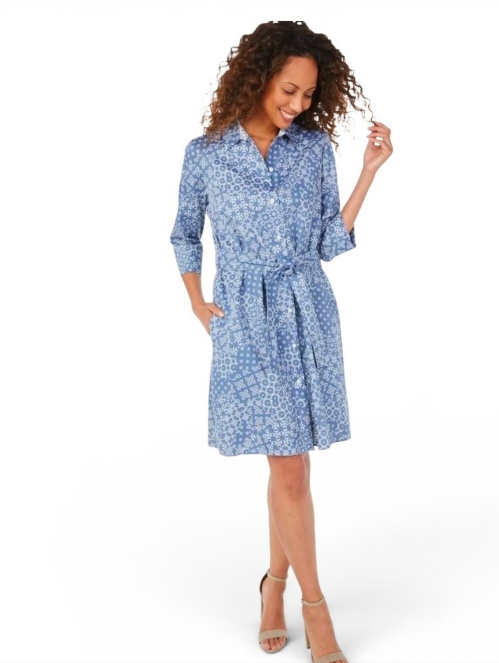 NWOT FOXCROFT Wrinkle Free Tile Print Belted Shirt Dress - Size 10